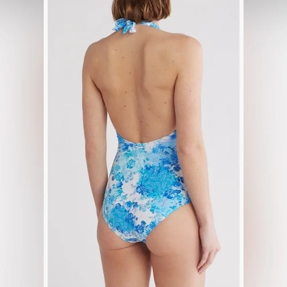 NWT SEA LEVEL Daisyfield Keyhole Halter One-Piece Swimsuit Blue Floral 6 - Picture 2 of 5